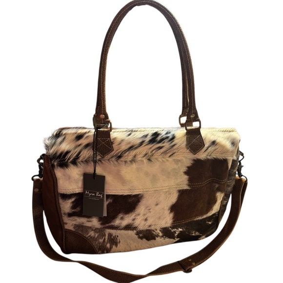 NEW Myra Bag Hyde Laptop Bag Hair-On Cowhide & Leather Brown White Tan Western - Picture 3 of 16